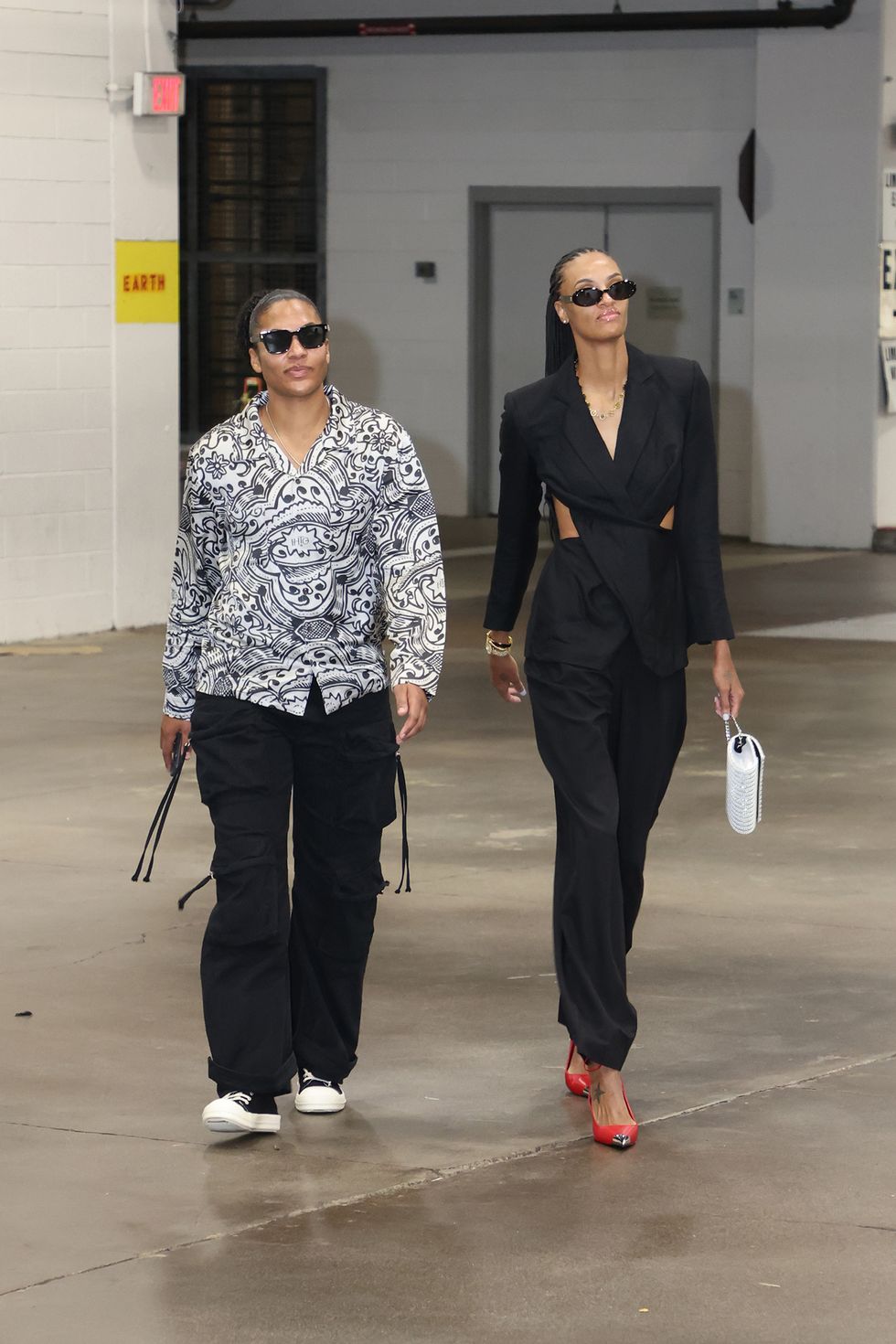 uncasville, ct may 17 alyssa thomas 25 and dewanna bonner 24 of the connecticut sun arrive to the arena before the game against the washington mystics on may 17, 2024 at the mohegan sun arena in uncasville, connecticut note to user user expressly acknowledges and agrees that, by downloading and or using this photograph, user is consenting to the terms and conditions of the getty images license agreement mandatory copyright notice copyright 2024 nbae photo by chris marionnbae via getty images